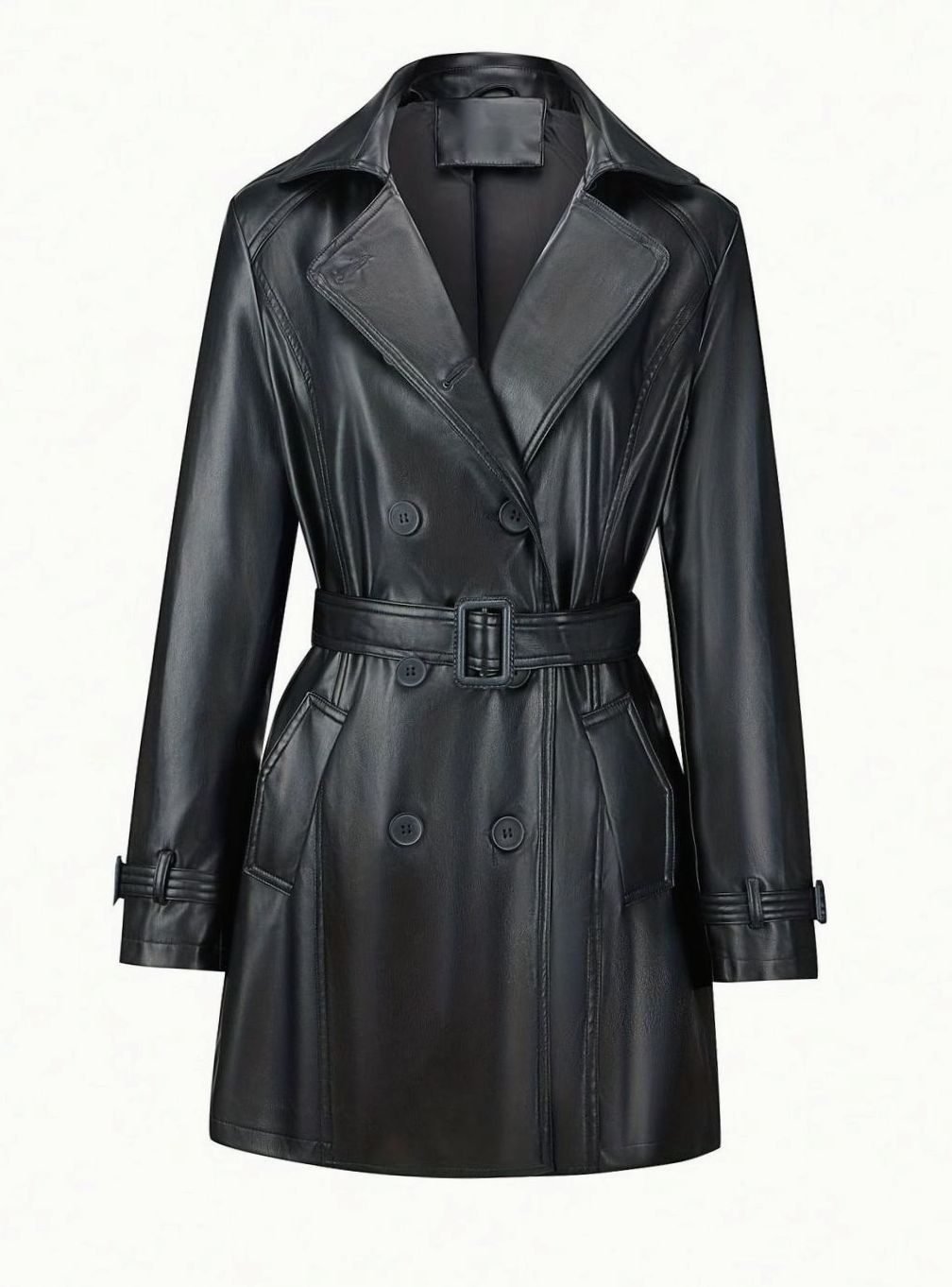 Dames Dubbelrijige Getailleerde Faux-Leren Trenchcoat Vintage Stijl