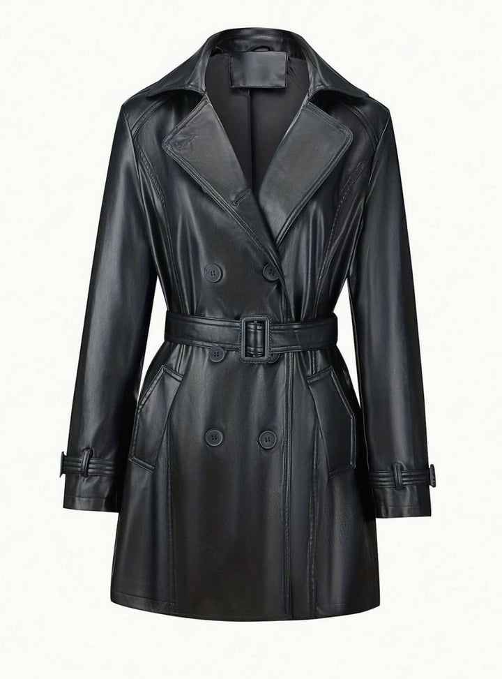 Dames Dubbelrijige Getailleerde Faux-Leren Trenchcoat Vintage Stijl