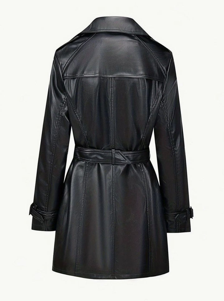 Dames Dubbelrijige Getailleerde Faux-Leren Trenchcoat Vintage Stijl