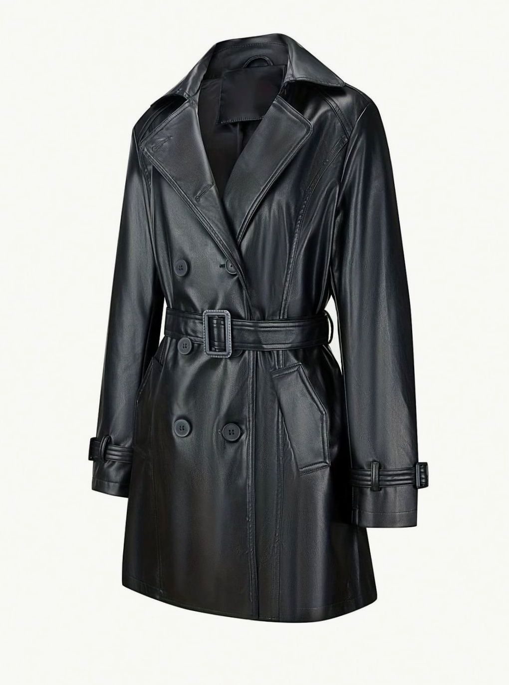 Dames Dubbelrijige Getailleerde Faux-Leren Trenchcoat Vintage Stijl