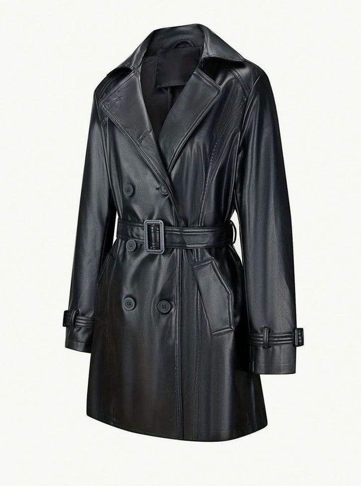 Dames Dubbelrijige Getailleerde Faux-Leren Trenchcoat Vintage Stijl