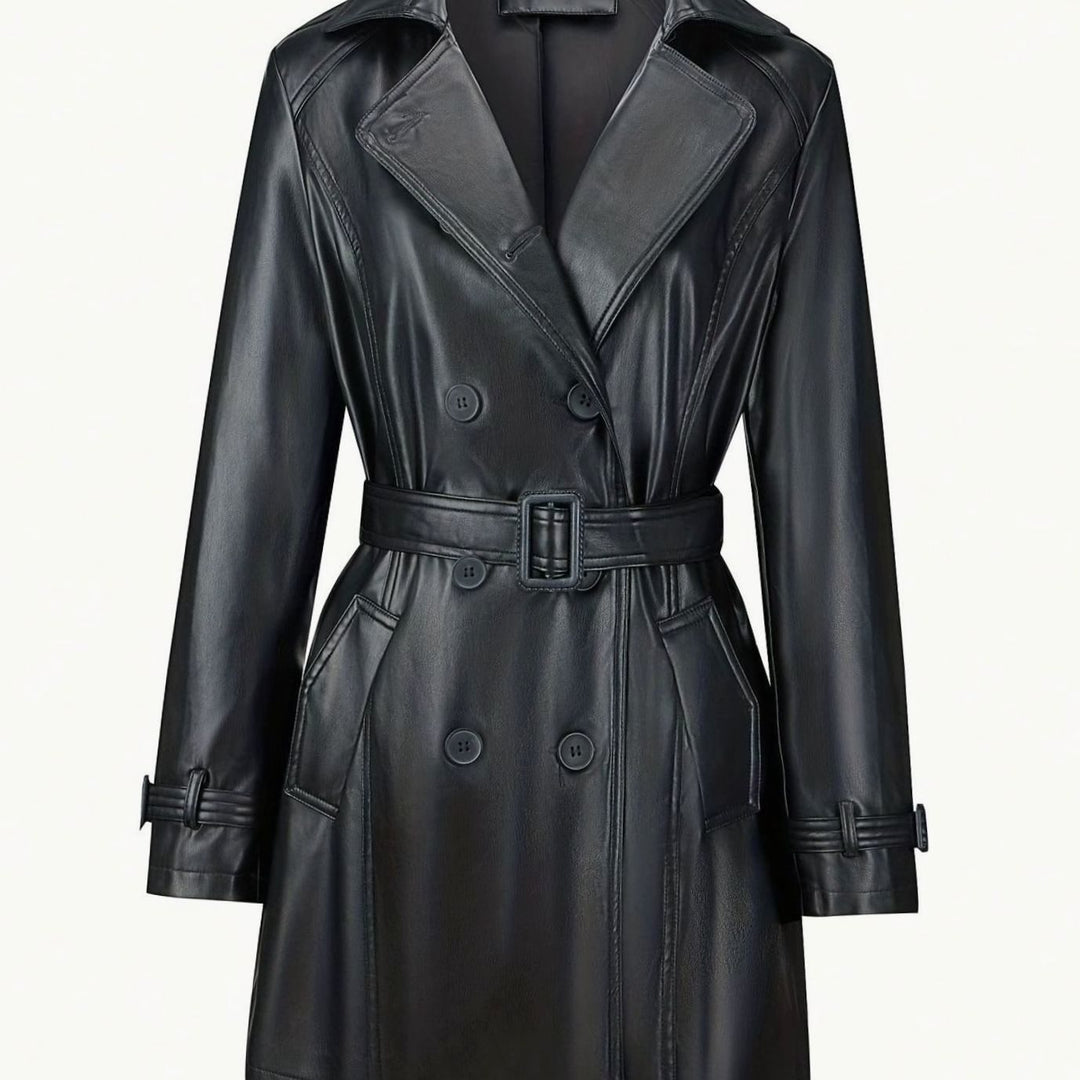 Dames Dubbelrijige Getailleerde Faux-Leren Trenchcoat Vintage Stijl - Zwart