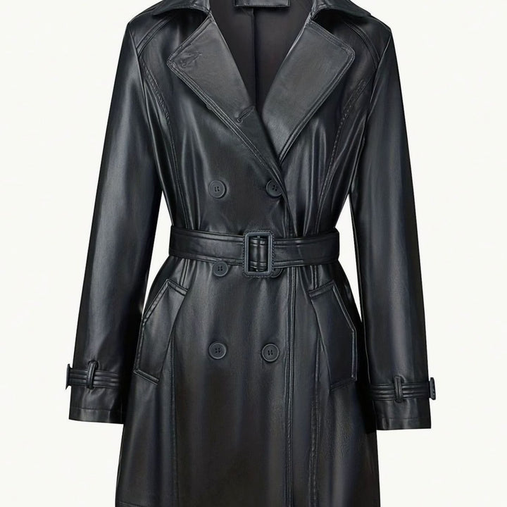Dames Dubbelrijige Getailleerde Faux-Leren Trenchcoat Vintage Stijl - Zwart