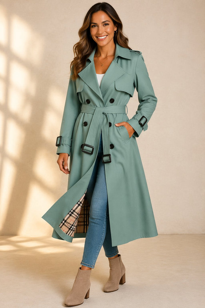 Dames Dubbelrijige Gevoerde Trenchcoat Ceintuur - Green