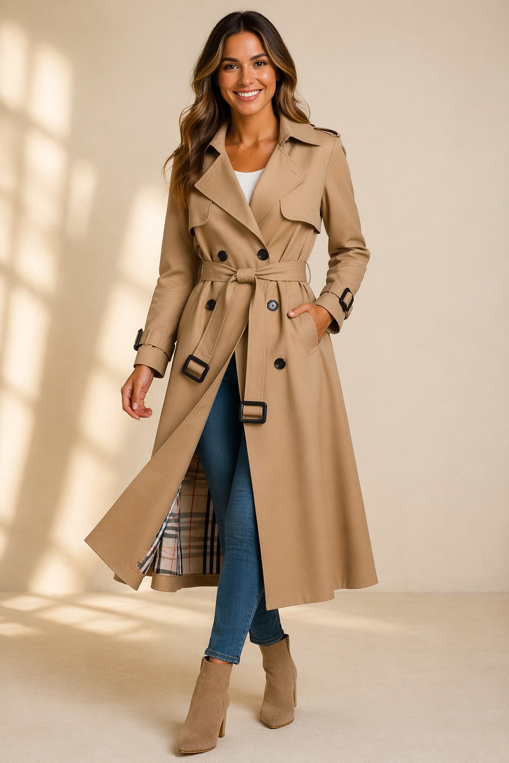 Dames Dubbelrijige Gevoerde Trenchcoat Ceintuur - Beige