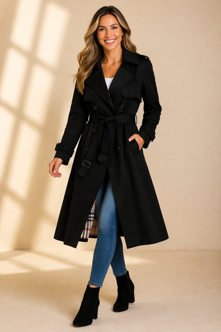 Dames Dubbelrijige Gevoerde Trenchcoat Ceintuur - Black