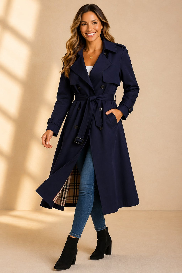Dames Dubbelrijige Gevoerde Trenchcoat Ceintuur - Navy