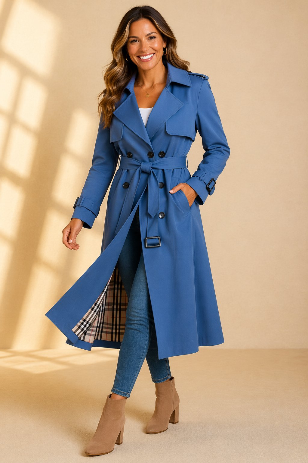 Dames Dubbelrijige Gevoerde Trenchcoat Ceintuur - Blue