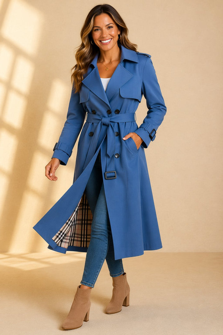 Dames Dubbelrijige Gevoerde Trenchcoat Ceintuur - Blue