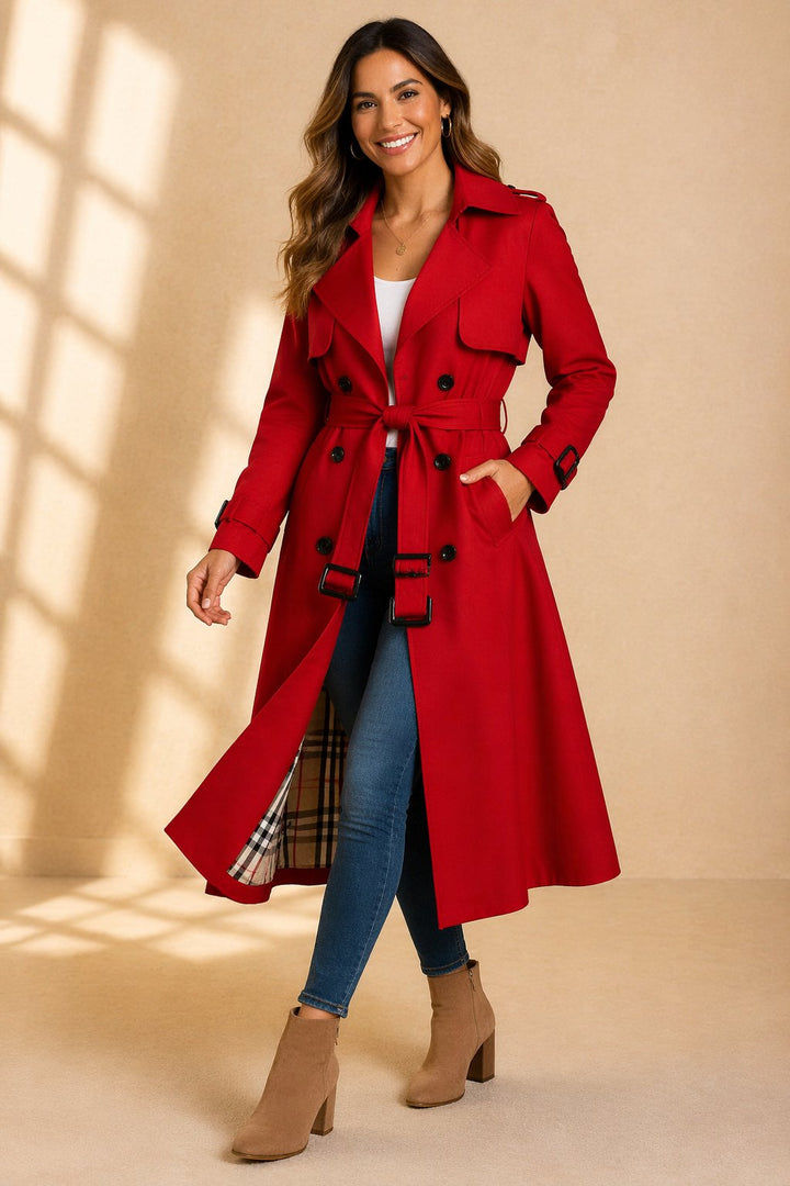 Dames Dubbelrijige Gevoerde Trenchcoat Ceintuur - Red