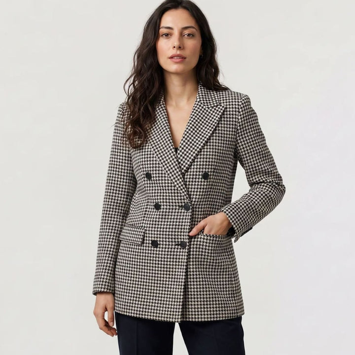 Dames Dubbelrijige Houndstooth Blazer met Notched Revers - Zwart/Wit