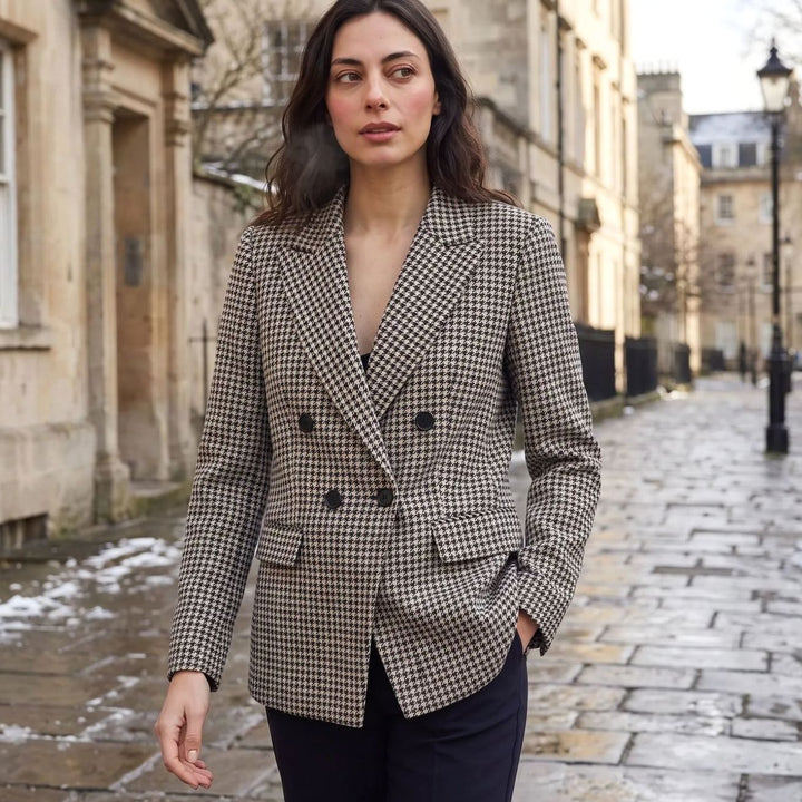 Dames Dubbelrijige Houndstooth Blazer met Notched Revers