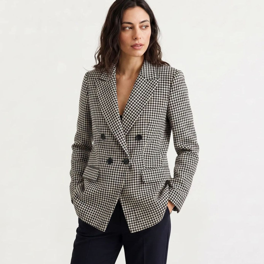 Dames Dubbelrijige Houndstooth Blazer met Notched Revers