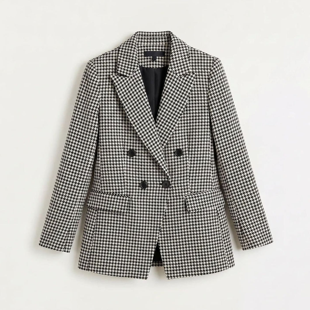 Dames Dubbelrijige Houndstooth Blazer met Notched Revers