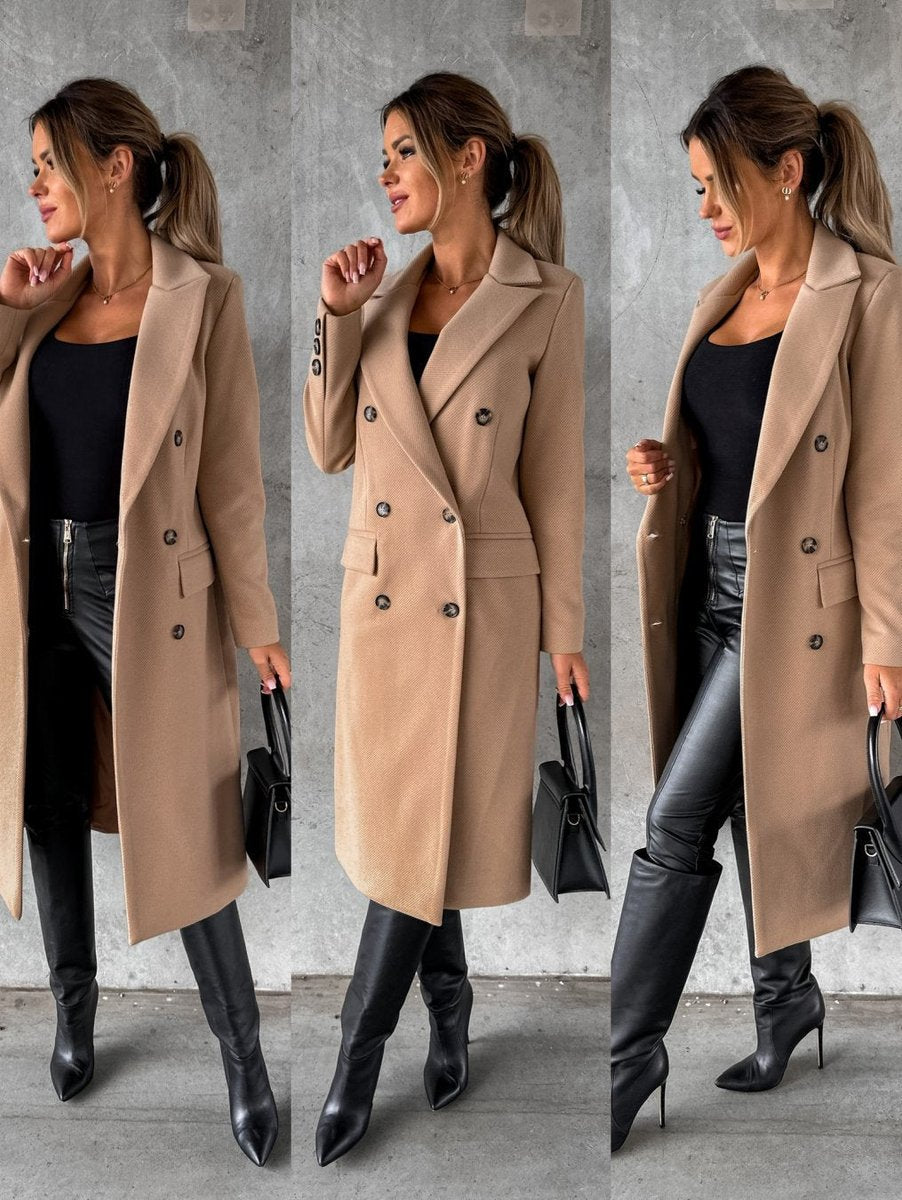 Dames Dubbelrijige Lange Polyester Winterjas