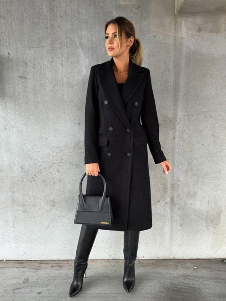 Dames Dubbelrijige Lange Polyester Winterjas - Zwart