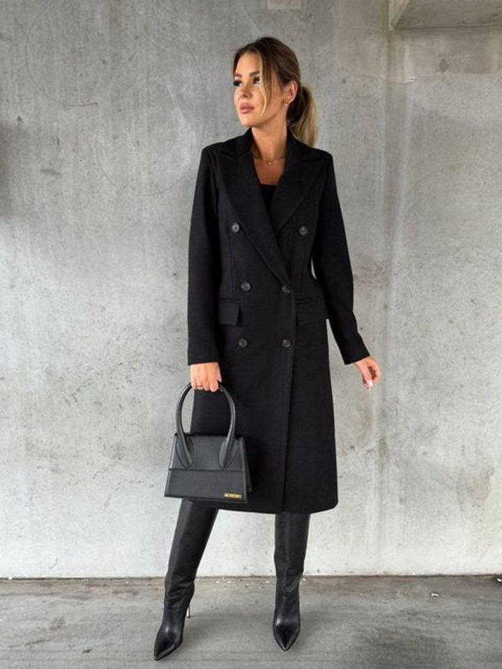 Dames Dubbelrijige Lange Polyester Winterjas - Zwart