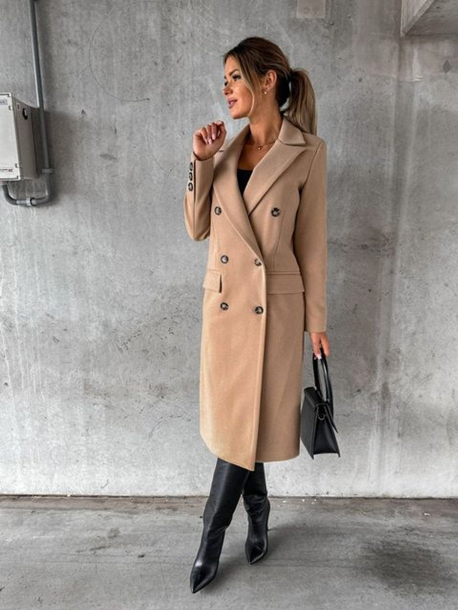Dames Dubbelrijige Lange Polyester Winterjas - Khaki