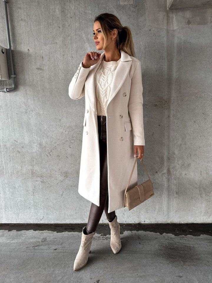 Dames Dubbelrijige Lange Polyester Winterjas - Beige