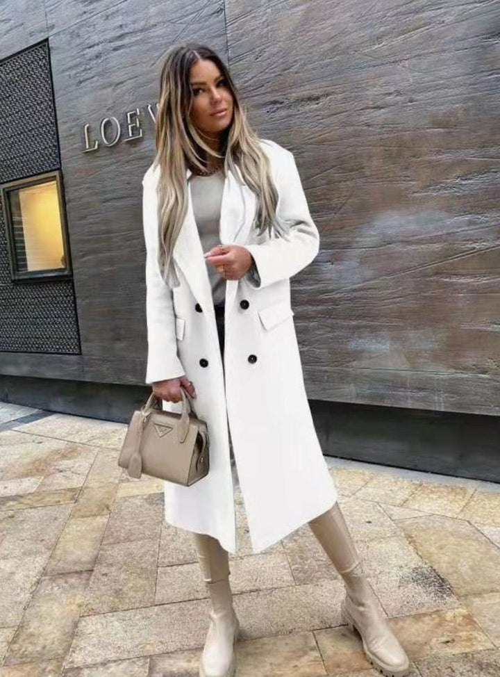 Dames Dubbelrijige Retro Winterjas Lang Wol - Wit