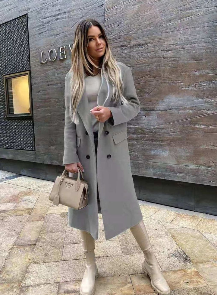 Dames Dubbelrijige Retro Winterjas Lang Wol