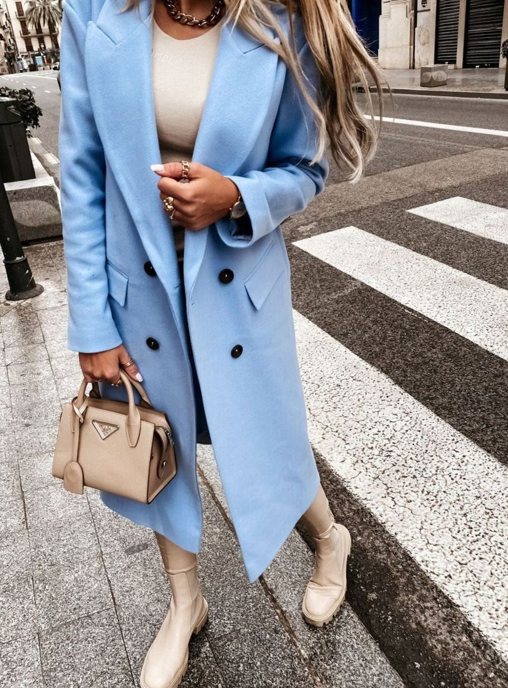 Dames Dubbelrijige Retro Winterjas Lang Wol - Blauw