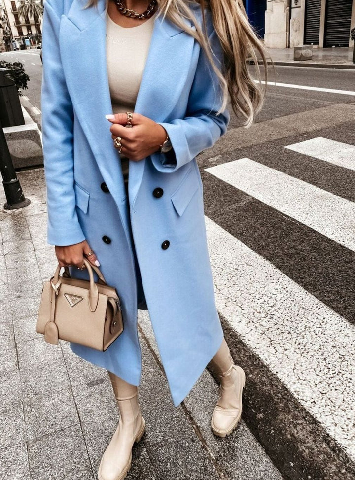 Dames Dubbelrijige Retro Winterjas Lang Wol - Blauw