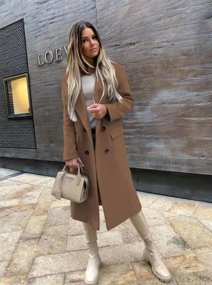 Dames Dubbelrijige Retro Winterjas Lang Wol - Khaki