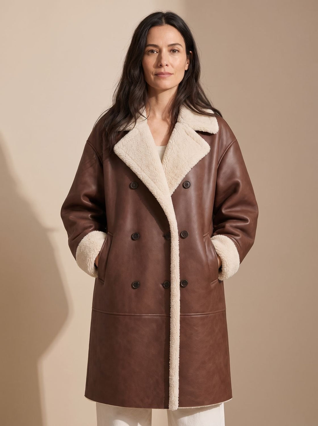 Dames Dubbelrijige Teddy Jas Faux Leather Trenchcoat Stijl