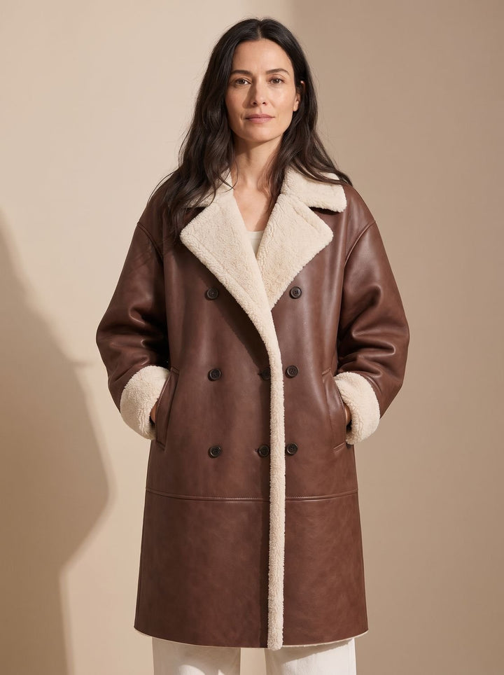 Dames Dubbelrijige Teddy Jas Faux Leather Trenchcoat Stijl
