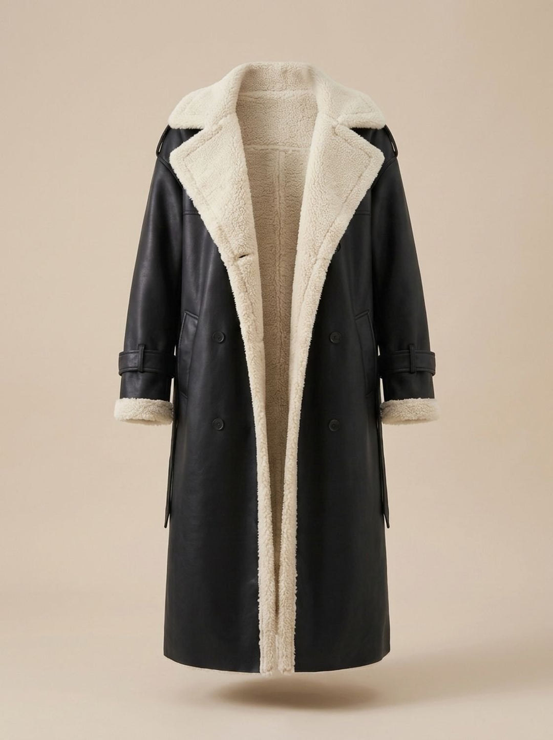 Dames Dubbelrijige Teddy Jas Faux Leather Trenchcoat Stijl - Zwart