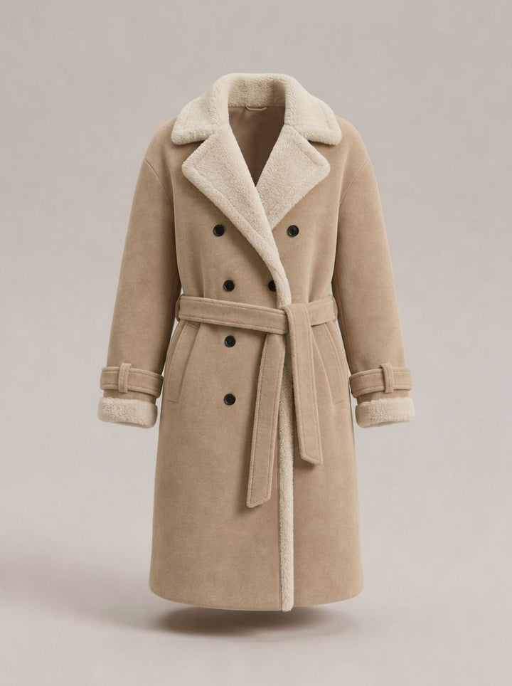 Dames Dubbelrijige Teddy Jas Faux Leather Trenchcoat Stijl - Abrikoos