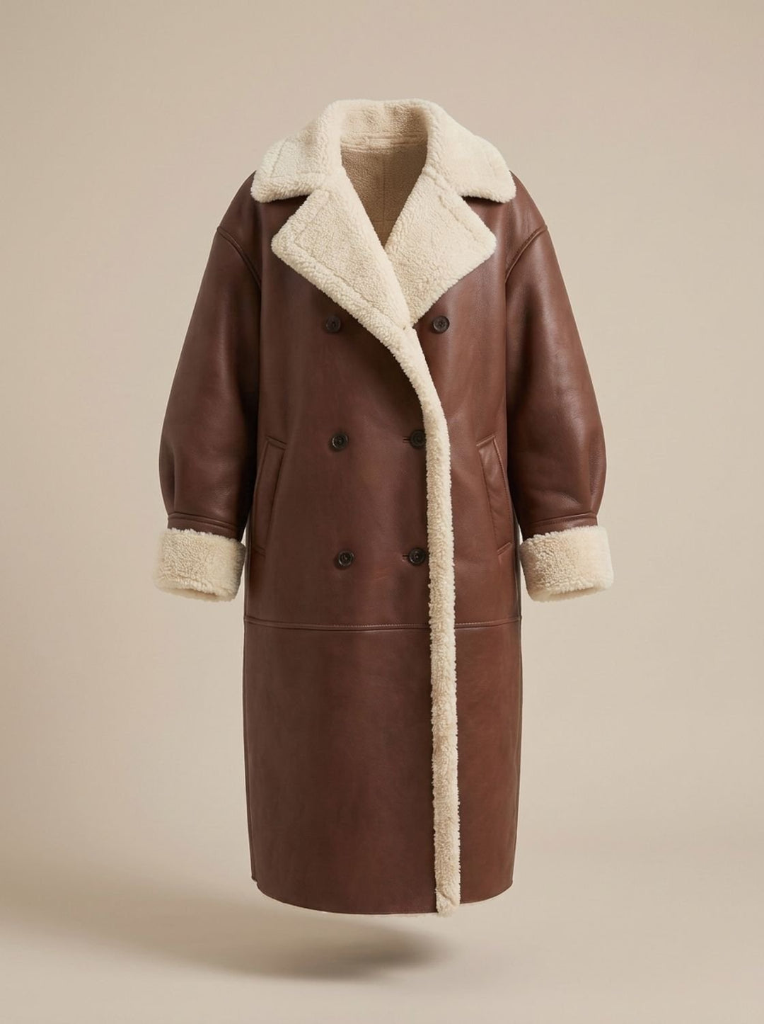 Dames Dubbelrijige Teddy Jas Faux Leather Trenchcoat Stijl - Bruin