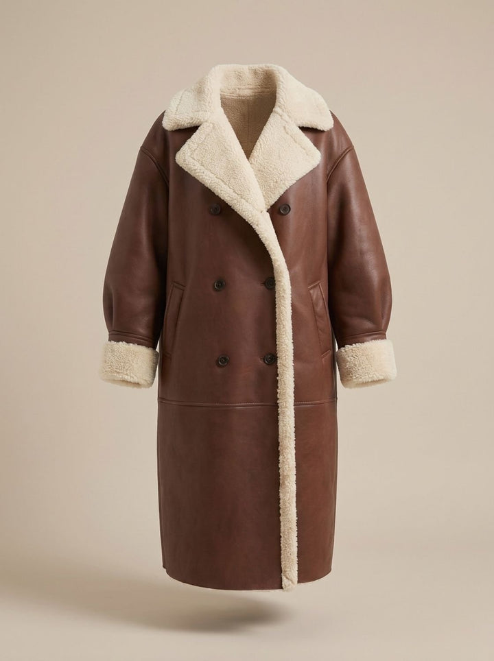 Dames Dubbelrijige Teddy Jas Faux Leather Trenchcoat Stijl - Bruin