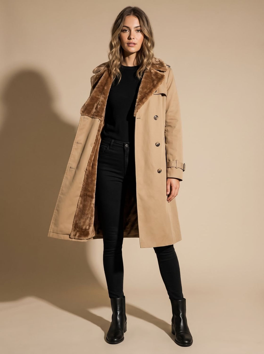 Dames Dubbelrijige Wintertrenchcoat met Imitatiebont Voering - Khaki