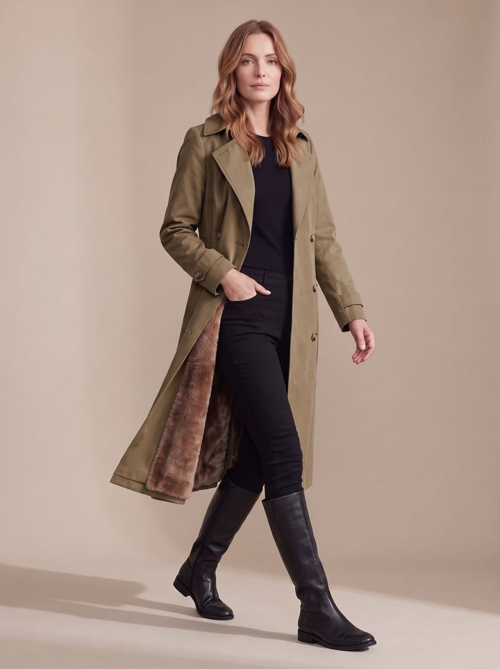 Dames Dubbelrijige Wintertrenchcoat met Imitatiebont Voering - Dik khaki