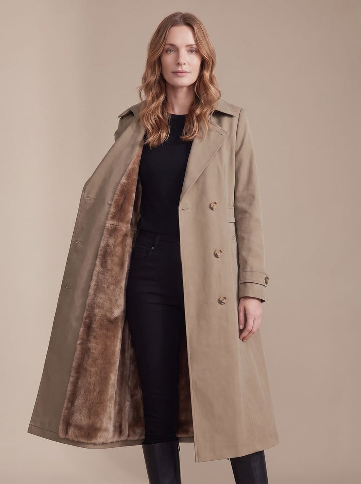 Dames Dubbelrijige Wintertrenchcoat met Imitatiebont Voering - Dikke koffie
