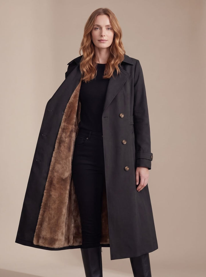 Dames Dubbelrijige Wintertrenchcoat met Imitatiebont Voering - Dik zwart