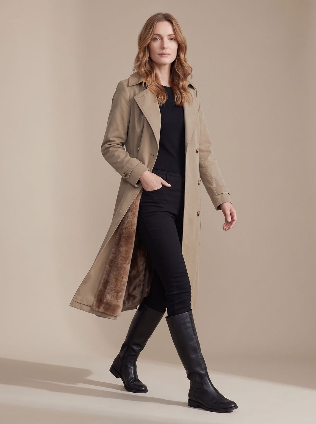 Dames Dubbelrijige Wintertrenchcoat met Imitatiebont Voering