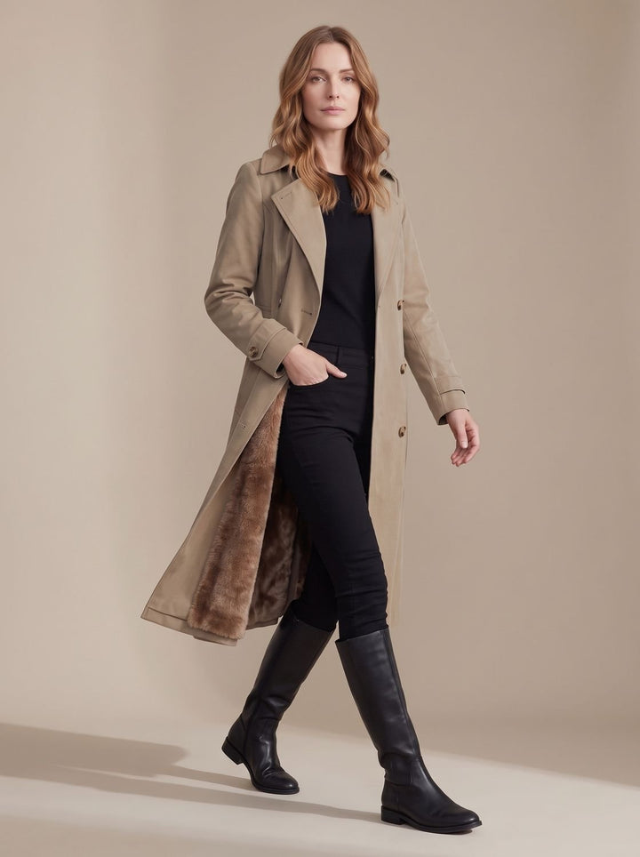 Dames Dubbelrijige Wintertrenchcoat met Imitatiebont Voering