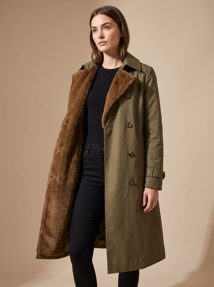 Dames Dubbelrijige Wintertrenchcoat met Imitatiebont Voering