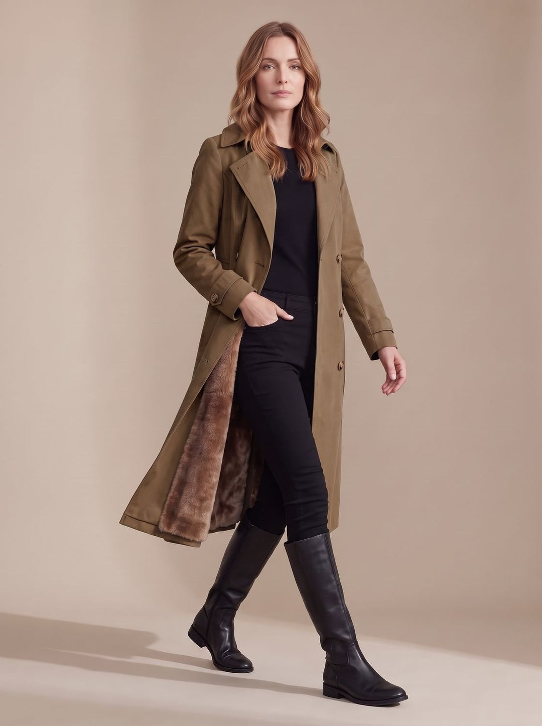 Dames Dubbelrijige Wintertrenchcoat met Imitatiebont Voering - Koffiekleur