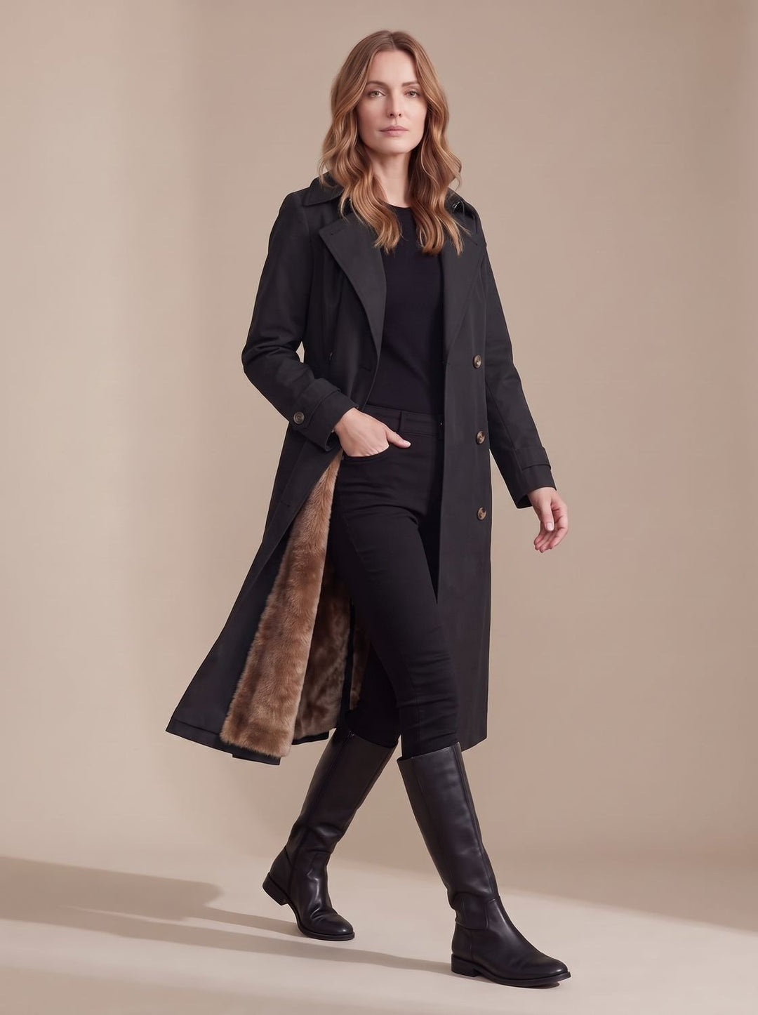 Dames Dubbelrijige Wintertrenchcoat met Imitatiebont Voering