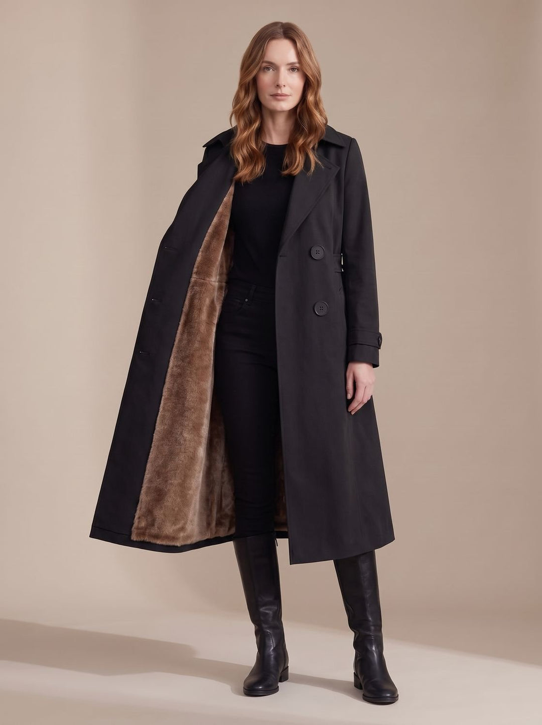Dames Dubbelrijige Wintertrenchcoat met Imitatiebont Voering