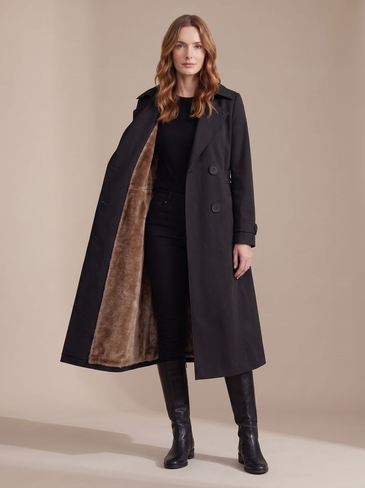 Dames Dubbelrijige Wintertrenchcoat met Imitatiebont Voering