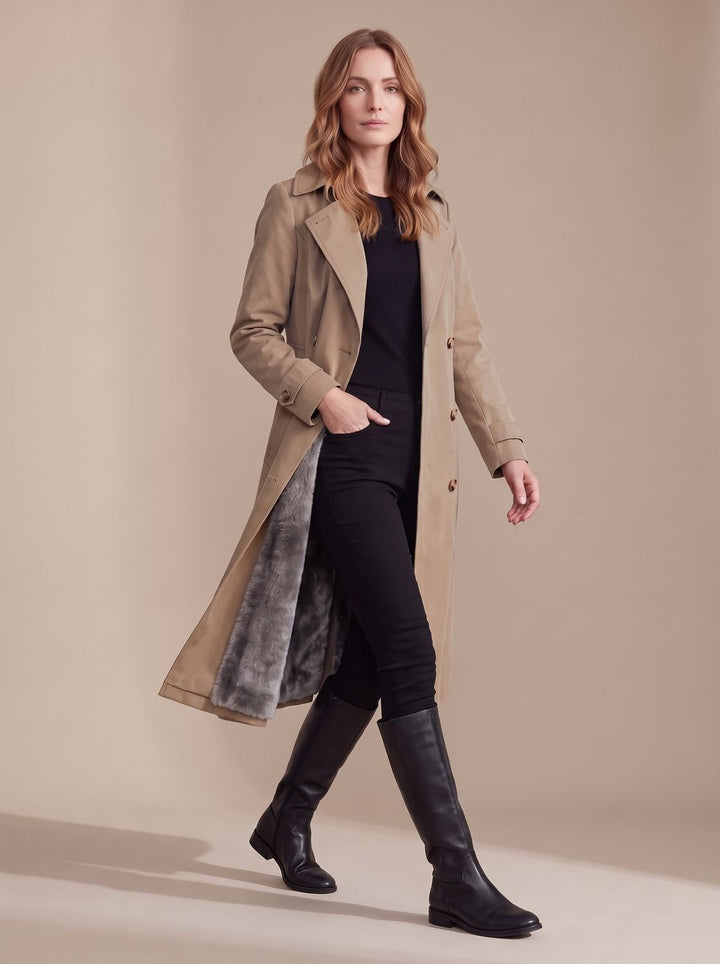 Dames Dubbelrijige Wintertrenchcoat met Imitatiebont Voering