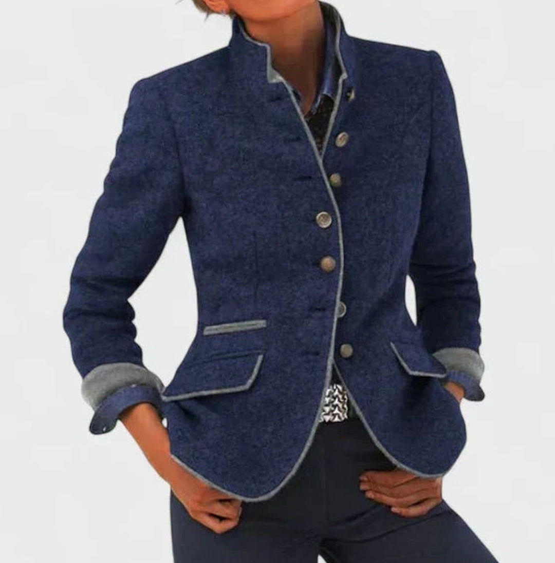 Dames Elegant Cardigan Blazer Staande Kraag Knoopsluiting - Blauw