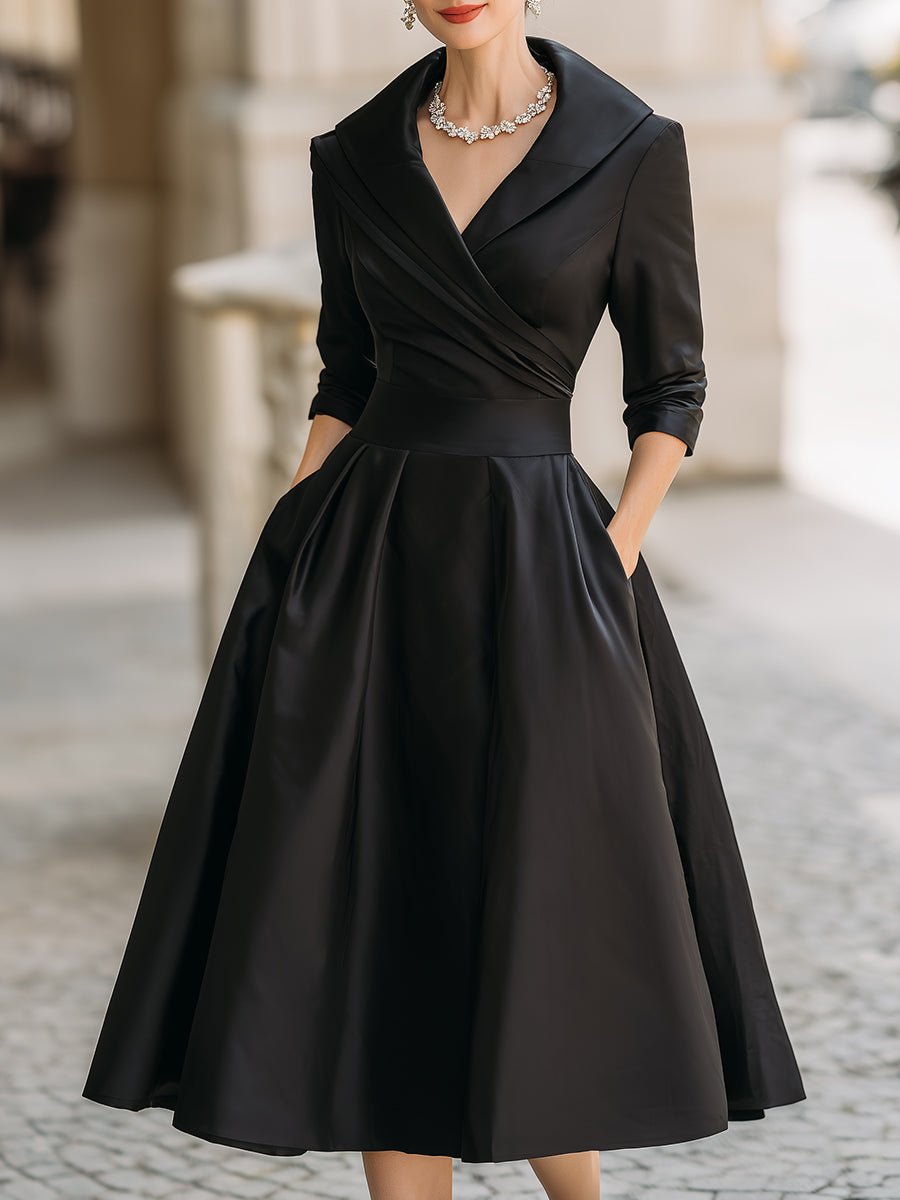 Dames Elegante A-lijn Cocktail Party Dress V-hals Midi - Zwart