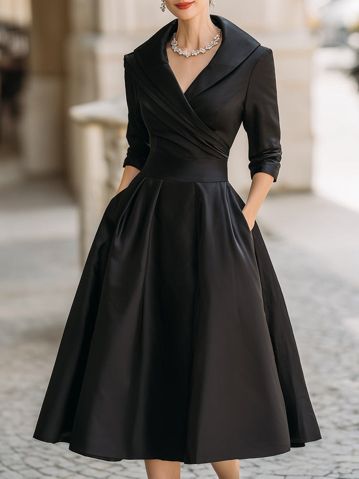 Dames Elegante A-lijn Cocktail Party Dress V-hals Midi - Zwart