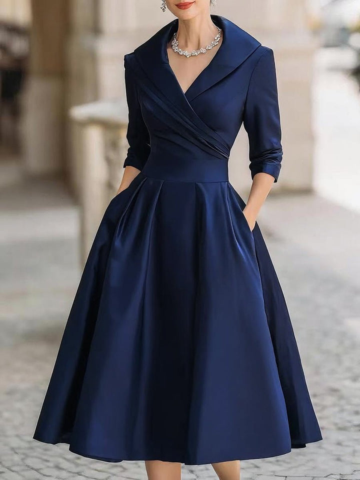 Dames Elegante A-lijn Cocktail Party Dress V-hals Midi - Marineblauw